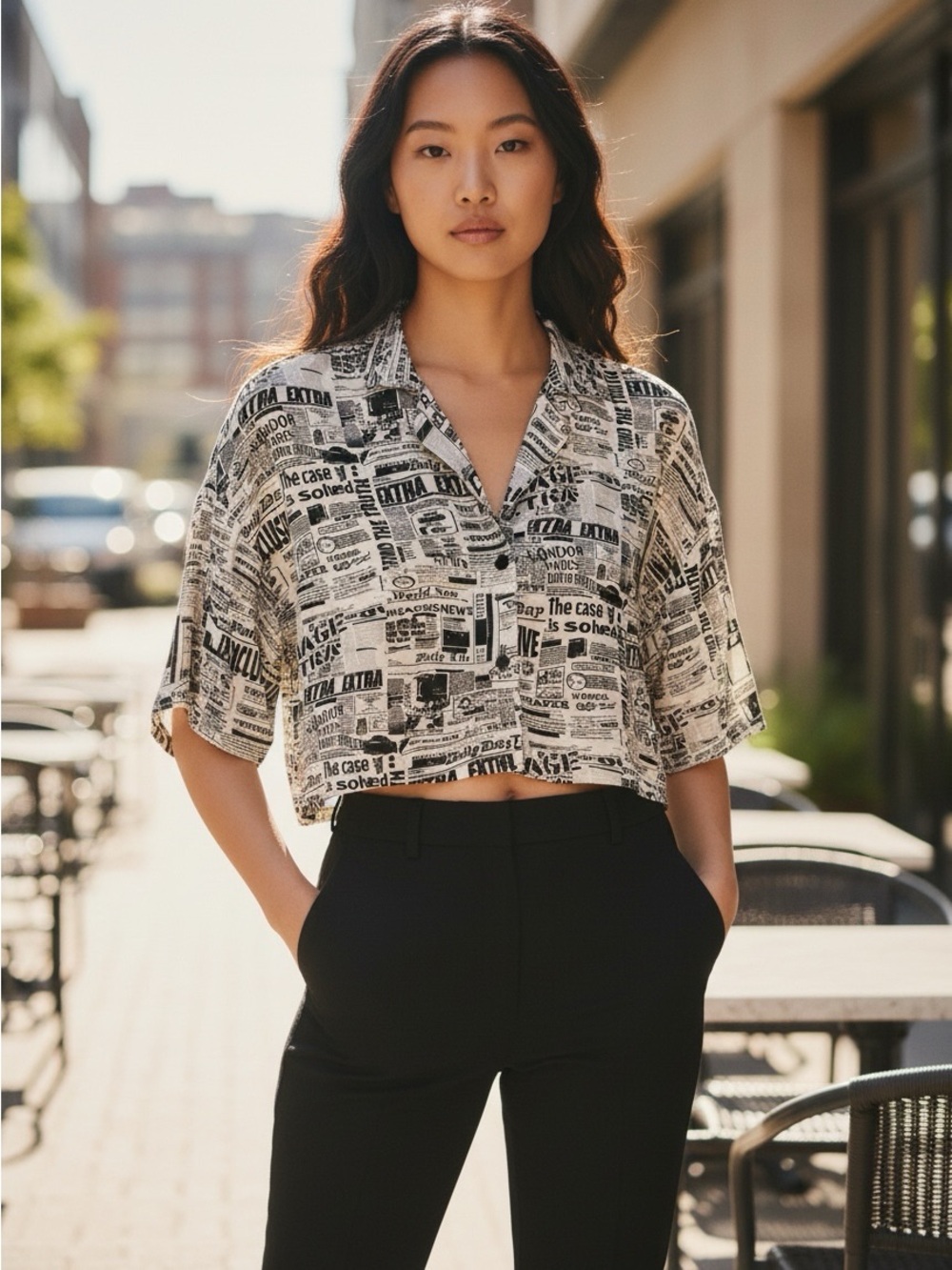 NWT Bershka Black & White Newspaper-Print Cropped Shirt Size L